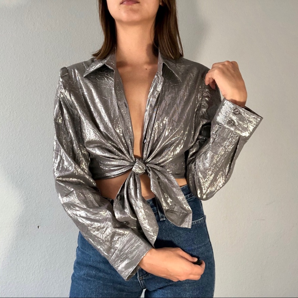 Metallic silver button down blouse